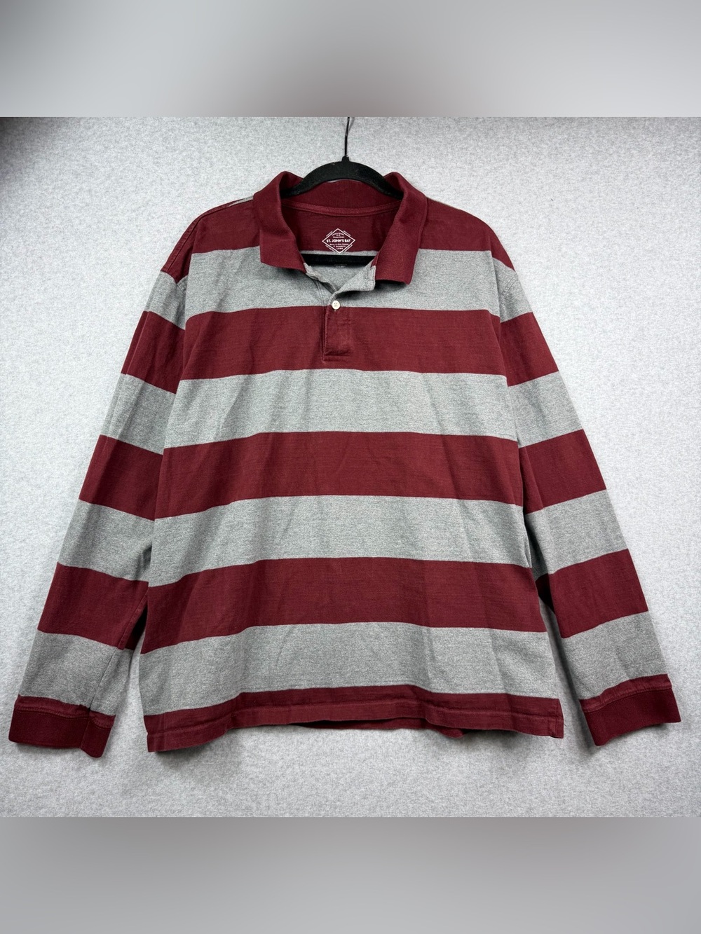 St. John’s Bay Rugby Polo Long Sleeve Shirt Striped Burgundy Gray Men’s Size XXL